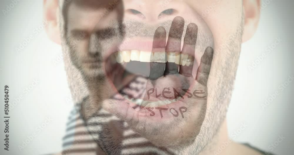 Aufkleber animation of caucasian man with please stop text on hand over man with mouth open