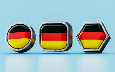 3d render Flag signs of Germany in three different shape frame, circle, square and hexagon