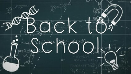 Animation of back to school text over caucasian schoolboy and school icons - Powered by Adobe