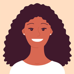 Portrait of young happy african american woman. A welcoming smile on your face. Brunette hair. Avatar female consultant. Flat vector isolated illustration
