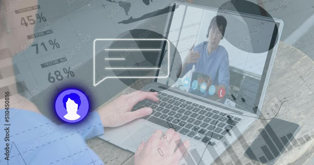 Poster animation of data processing over asian man having video call with colleague