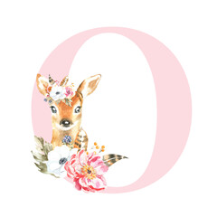 Fototapeta premium Watercolor Pink Animals Floral Number - digit 0 with cute watercolor bunny animal. Floral number element for baby shower, it's a girl, it's a boy, birthday, table number, digital invite, wedding