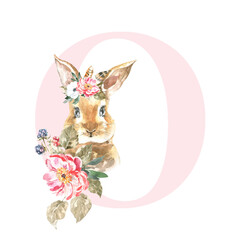 Watercolor Pink Animals Floral Number - digit 0 with cute watercolor bunny animal. Floral number element for baby shower, it's a girl, it's a boy, birthday, table number, digital invite, wedding