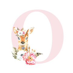 Watercolor Pink Animals Floral Number - digit 1 with cute watercolor bunny animal. Floral number element for baby shower, it's a girl, it's a boy, birthday, gender neutral, digital invite, wedding