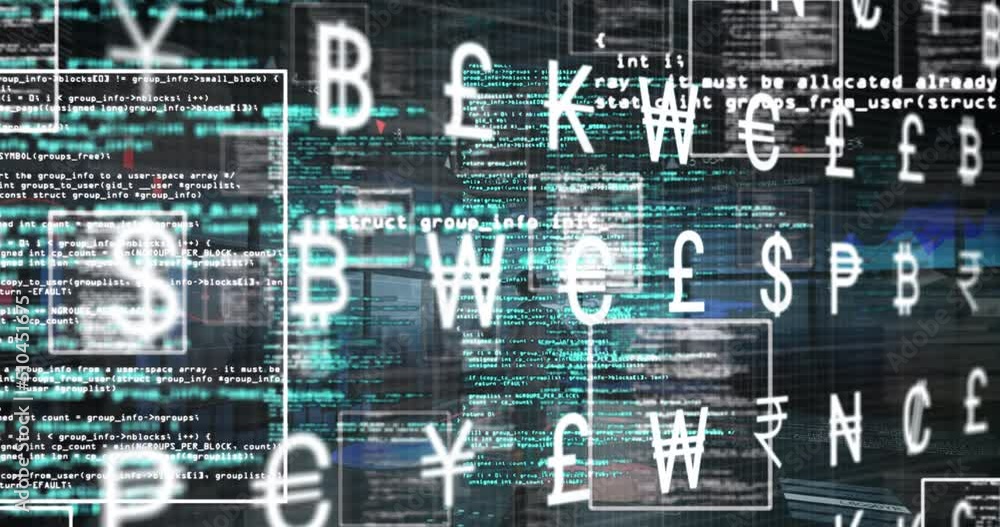 Poster animation of currency symbol and data processing on black background