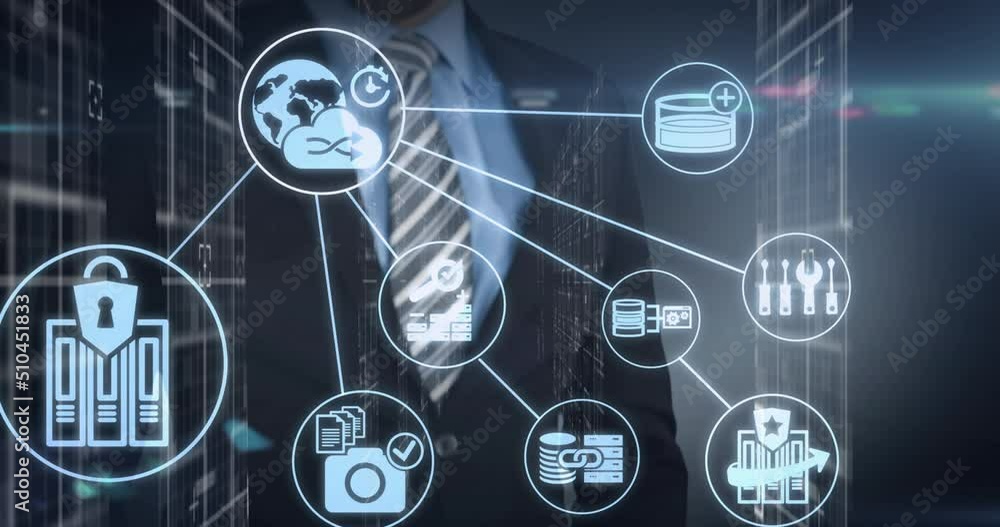 Poster animation of businessman using touchscreen with network and security icons over processing data