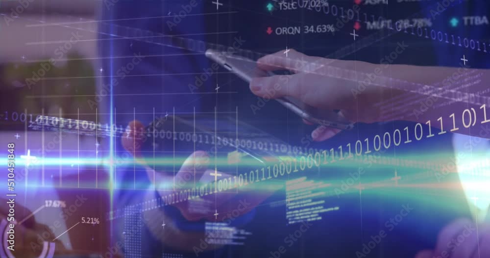 Poster animation of financial graphs and data processing over caucasian man with payment terminal