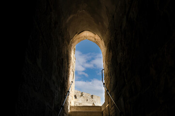 Jerusalem, Israel, scenic ramparts walk over walls of Old City with panoramic skyline views.