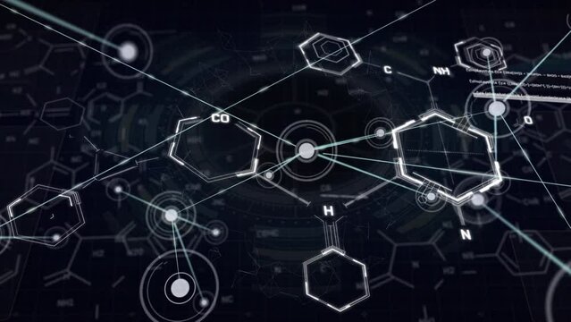Animation of connections over chemical formulas on black background