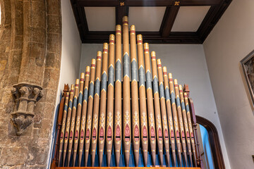 The pipes of a small 5-stop pipe rack organ in Launde Abbey Chapel Church