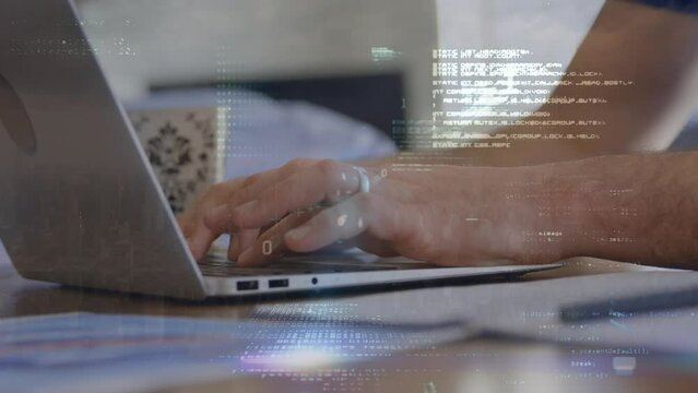 Animation of data processing over hands of caucasian man using laptop