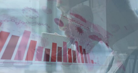 Covid-19 statistical data processing against close up of a caucasian businessman drinking coffee - Powered by Adobe