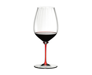 Wine glass with red stem on a white background