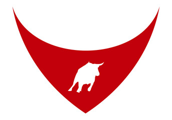 Pañuelo rojo de San Fermín con la silueta blanca de un toro o vaquilla sobre fondo blanco