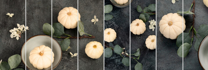 Collage of pumpkin and eucalyptus harvest and black friday composition.