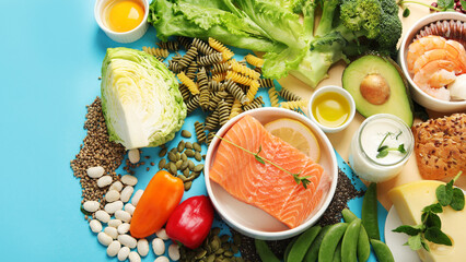 Pescatarian diet on colourful background.