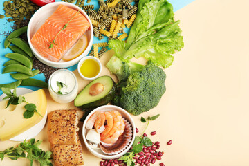 Pescatarian diet on colourful background.