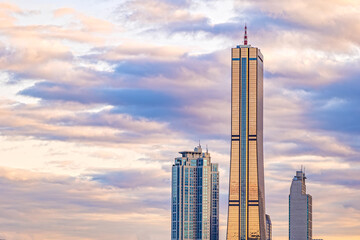 Fototapeta na wymiar Cityscape of Yeouido skyscrapers in the business financial district taken in the evening sunset time in Seoul, South Korea