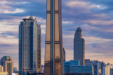 Fototapeta na wymiar Cityscape of Yeouido skyscrapers in the business financial district taken in the evening sunset time in Seoul, South Korea