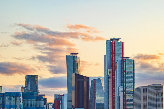 Cityscape of Yeouido skyscrapers in the business financial district taken in the evening sunset time in Seoul, South Korea