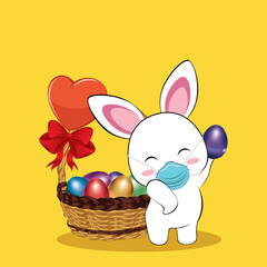 White Bunny in mask with Easter eggs card