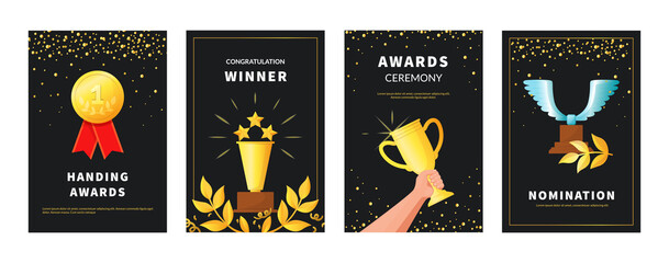 Champion award poster. Gold trophy championship illustration collection. Award win objects on black background with copy space, vector victory cup, first place symbol, vertical banner set