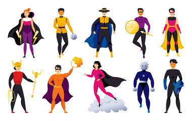 Flying super hero. Woman and man in comic superhero costumes with capes and masks. Superwoman characters. Strong muscular persons. Human in brave poses. Vector justice defenders set