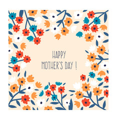 Happy mothers day card. Floral banner. Square poster with blooming bouquet and cartoon flowers, cute creative decoration. Minimal botanical frame, greeting postcard. Vector illustration