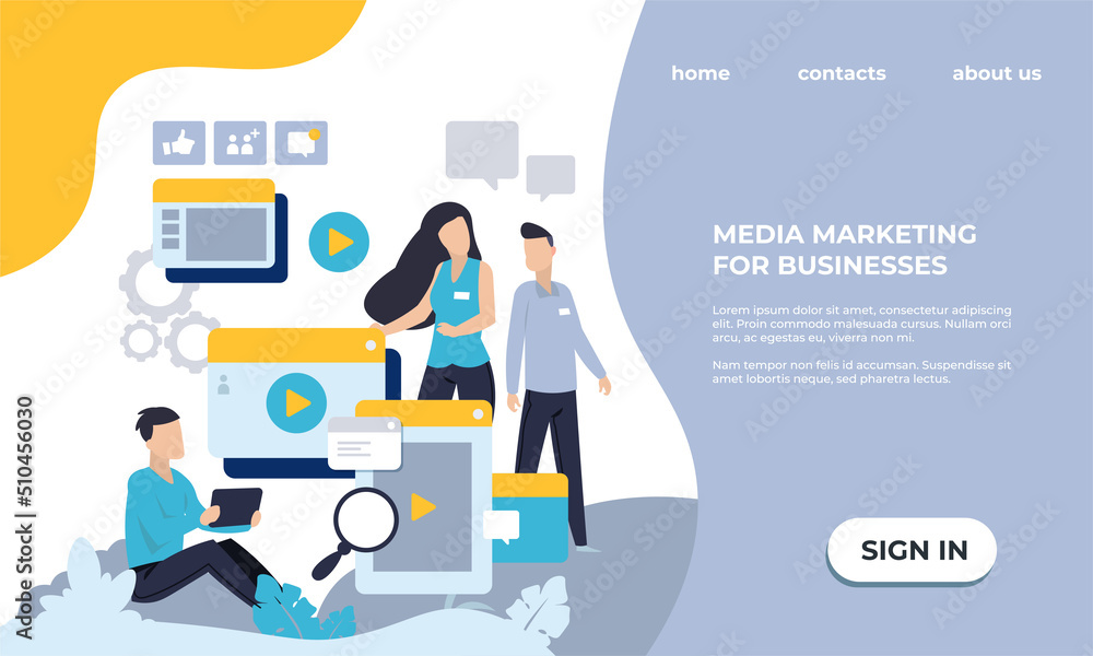 Poster Business landing page. Website UI template with SMM manager character. Online media marketing concept. Network promotion. Internet commerce strategy. Vector web service interface design