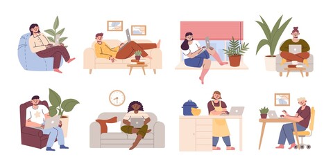 People work at home. Freelance characters set, online job in modern workspace. Young men and women with laptop sitting on sofas. Trendy lifestyle. Vector cartoon flat illustration