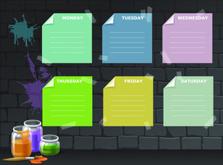 the schedule of tasks for all days of the week on the background of a brick wall.  vector illustration