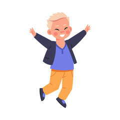 Cartoon happy child. Cheerful character smiling and jumping. Laughing teen boy. Joyful person. School kids friendship. Excited baby pose. Vector teenager positive emotion expression