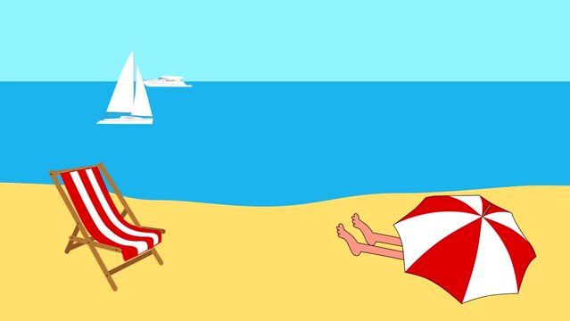 Summer beach: animation with jumping dolphin and boats in the sea (seamless loop)