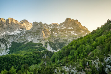 Sunset landscape of the Accursed Mountains near Theth village, Albania