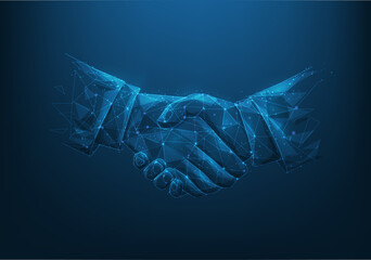 business shake hands low poly wireframe on dark blue background. Business partnership success concept. consists of dots, lines and triangles. business cooperation agreement. vector illustration .