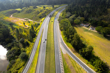 Aerial view of the Dom Pedro Highway in the city of Campinas. Road with lots of vegetation, trees and nature.