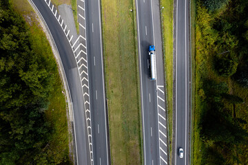 Aerial view of the Dom Pedro Highway in the city of Campinas. Road with lots of vegetation, trees and nature.
