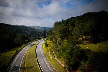 Aerial view of the Dom Pedro Highway in the city of Campinas. Road with lots of vegetation, trees and nature.