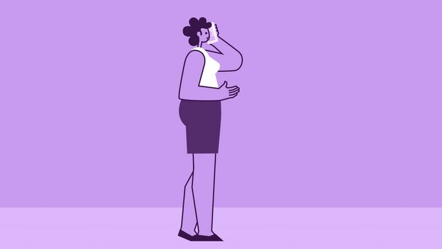Purple Style Woman Flat Character Call Phone. Isolated Loop Animation with Alpha matters