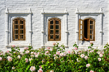 Obraz na płótnie Canvas Windows of house and nice rose flowers in Kazan Kremlin, Russia