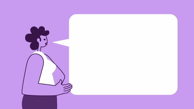 Purple Style Woman Flat Character Talking Explain with Speech Bubble. Isolated Loop Animation with Alpha Channel