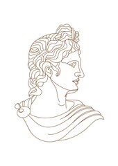 One line Ancient Greek god statue. Apollo classical mythological sculpture. Vector art for design of posters, clothes, logo, invitations.