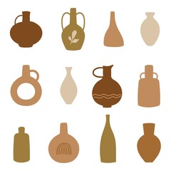 Set of abstract earthy vases and amphoras. Vase pottery, ancient pot Greek. Bohemian terracotta different shapes of vases. Vector design.