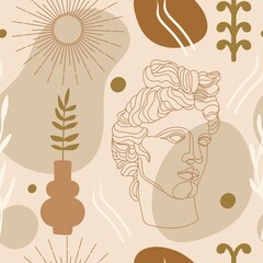 Seamless pattern with antique sculpture of Apollo, abstract terracotta shape, plants, vases and sun symbol. Editable vector illustration for wrapping paper, packaging, fabric, wallpaper etc.