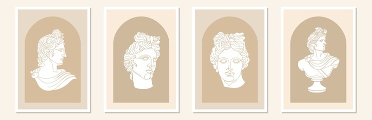 Set of abstract posters with antique god statue and geometric shape. Apollo one line art. Illustration for social media, posters, mobile app design template, invitation etc. Vector design.