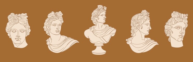 Set of one line Ancient Greek god statue. Apollo classical mythological sculptures in different poses. Vector art for design of posters, clothes, logo, invitations on mustard color background.