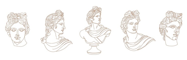 Set of one line Ancient Greek god statue. Apollo classical mythological sculptures in different poses. Vector art for design of posters, clothes, logo, invitations on white background.