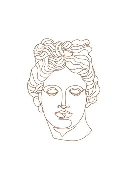 One line Ancient Greek god statue. Apollo classical mythological sculpture. Vector art for design of posters, clothes, logo, invitations.