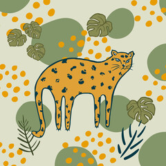 Character leopard. Hand drawn cute cat. Exotic background for kids, wild jaguar. Funny animals poster, card.