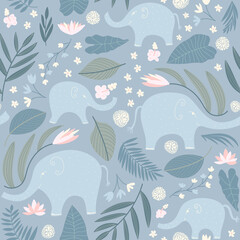 Elephants - jungle animal nursery wallpaper in shades of blue and pink. Seamless pattern. Vector illustration. 